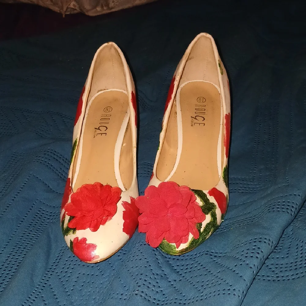 Hand Painted Rouge Helium Red and Green Floral Heels